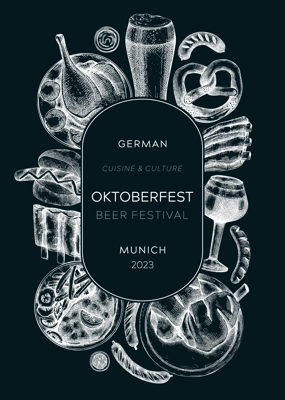 Oktoberfest wreath on chalkboard. German food and drinks menu design template. Meat dishes sketches. German cuisine vintage frame. Traditional beer festival banner. Oktoberfest party